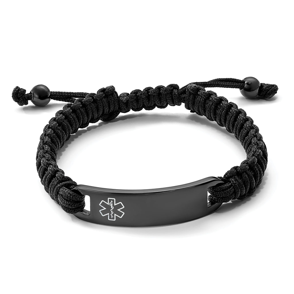 Stainless Steel Polished Black IP-plated with White Enamel Black Nylon Adjustable Medical ID Bracelet