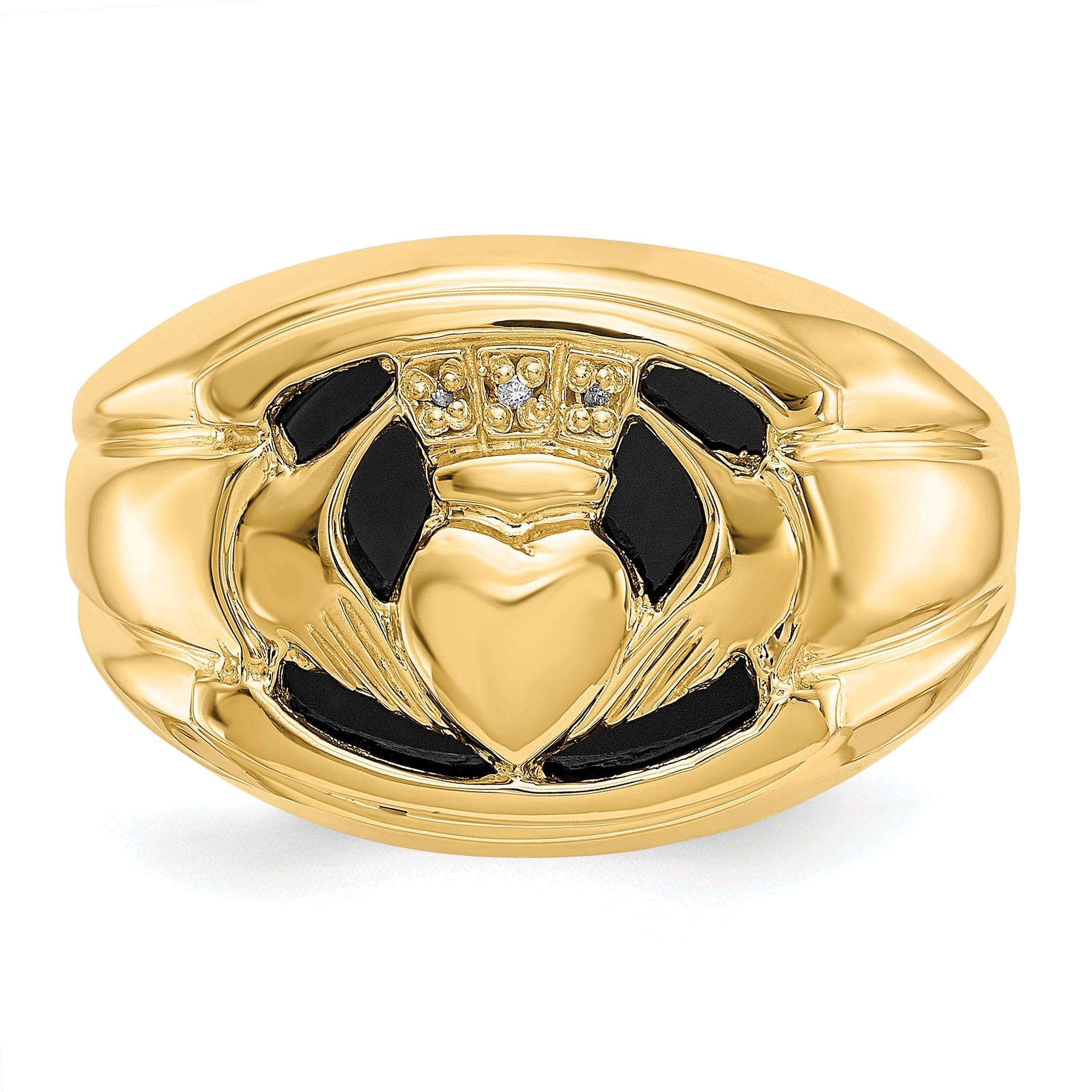 14k AA Diamond and Onyx Mens Claddagh Ring