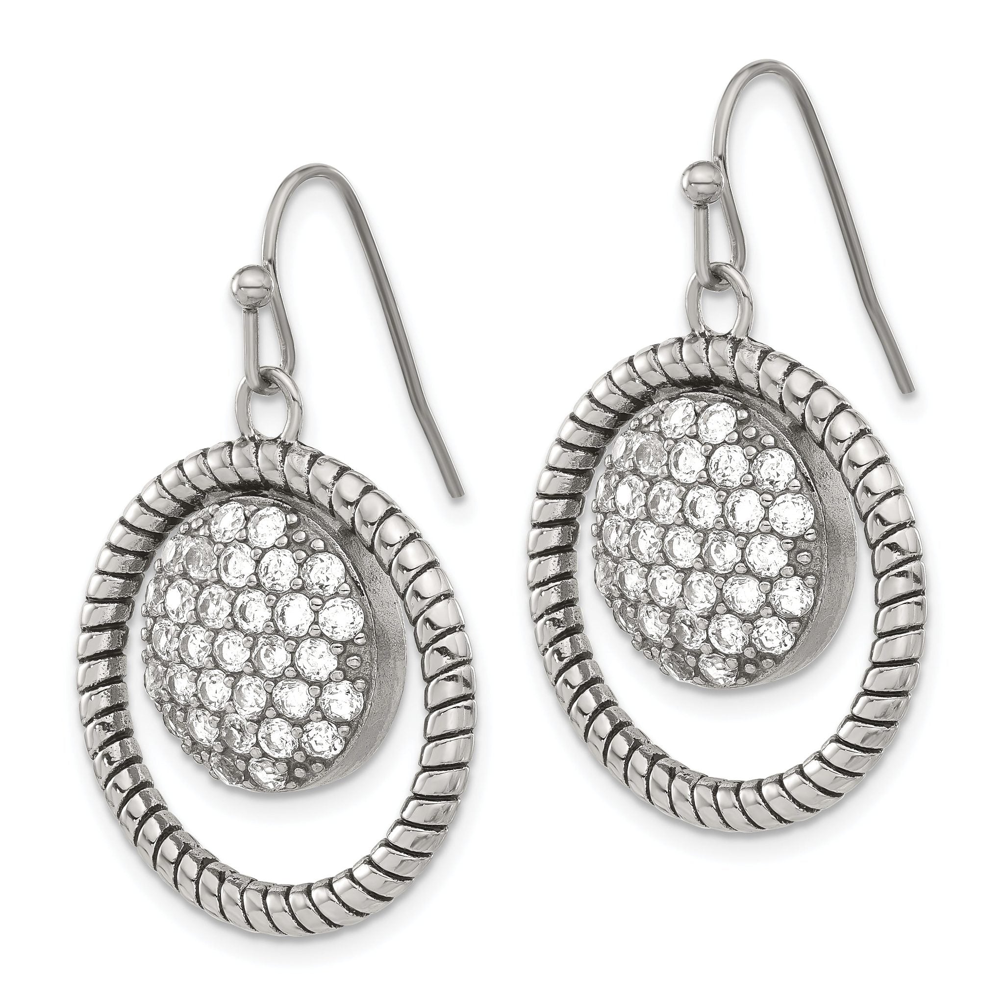 Stainless Steel Polished & Antiqued Cubic Zirconia Drop Dangle Earrings for Women
