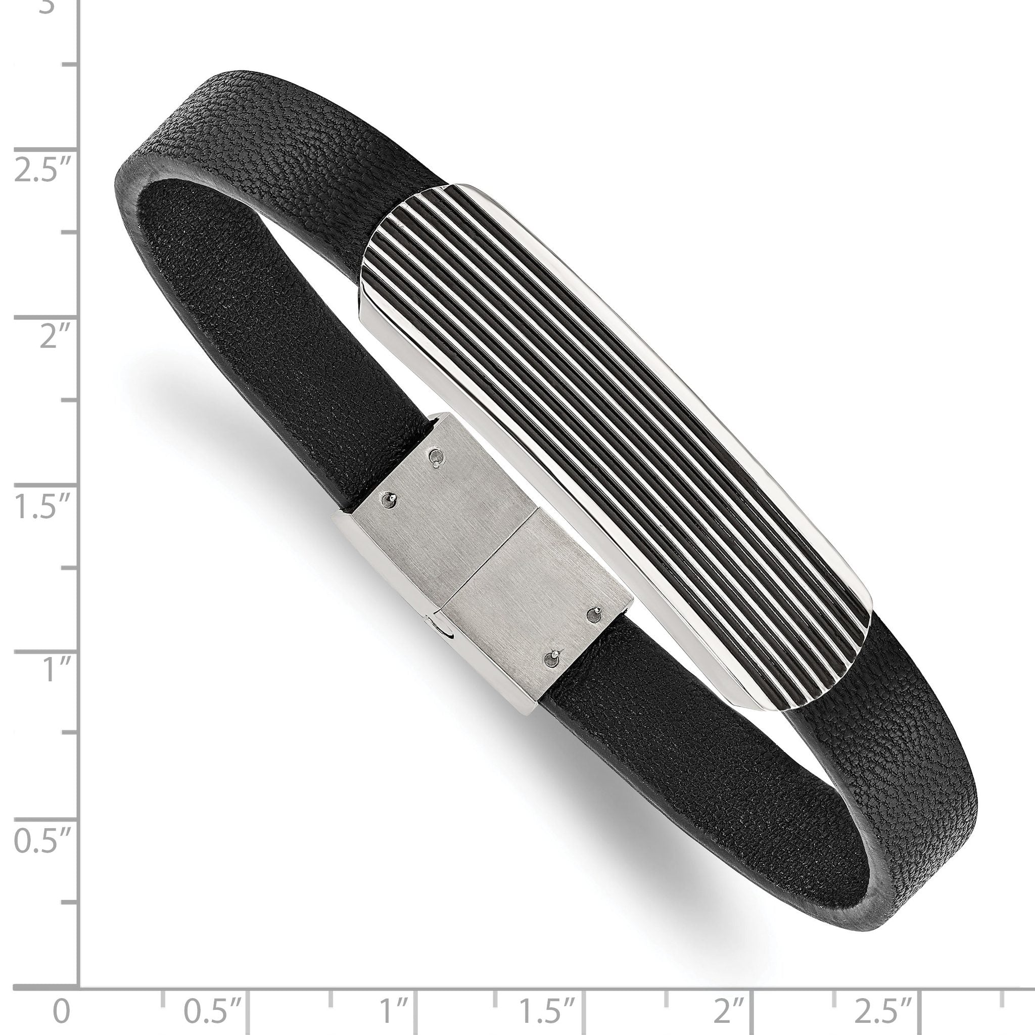 Stainless Steel Polished Enameled Striped Black Leather Bracelet for Men