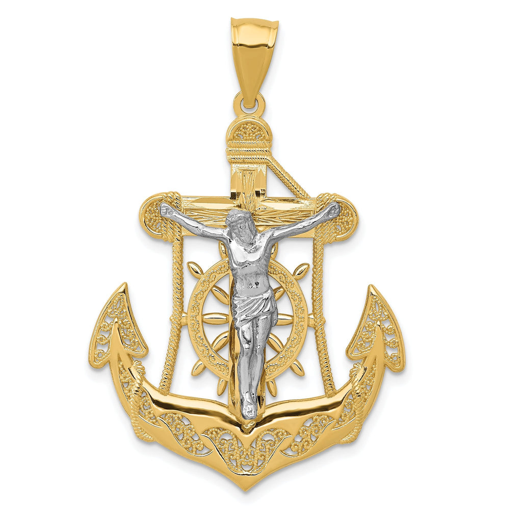 14K Two-Tone Gold Mariner's Cross Pendant with Solid Cast Design, 44mm