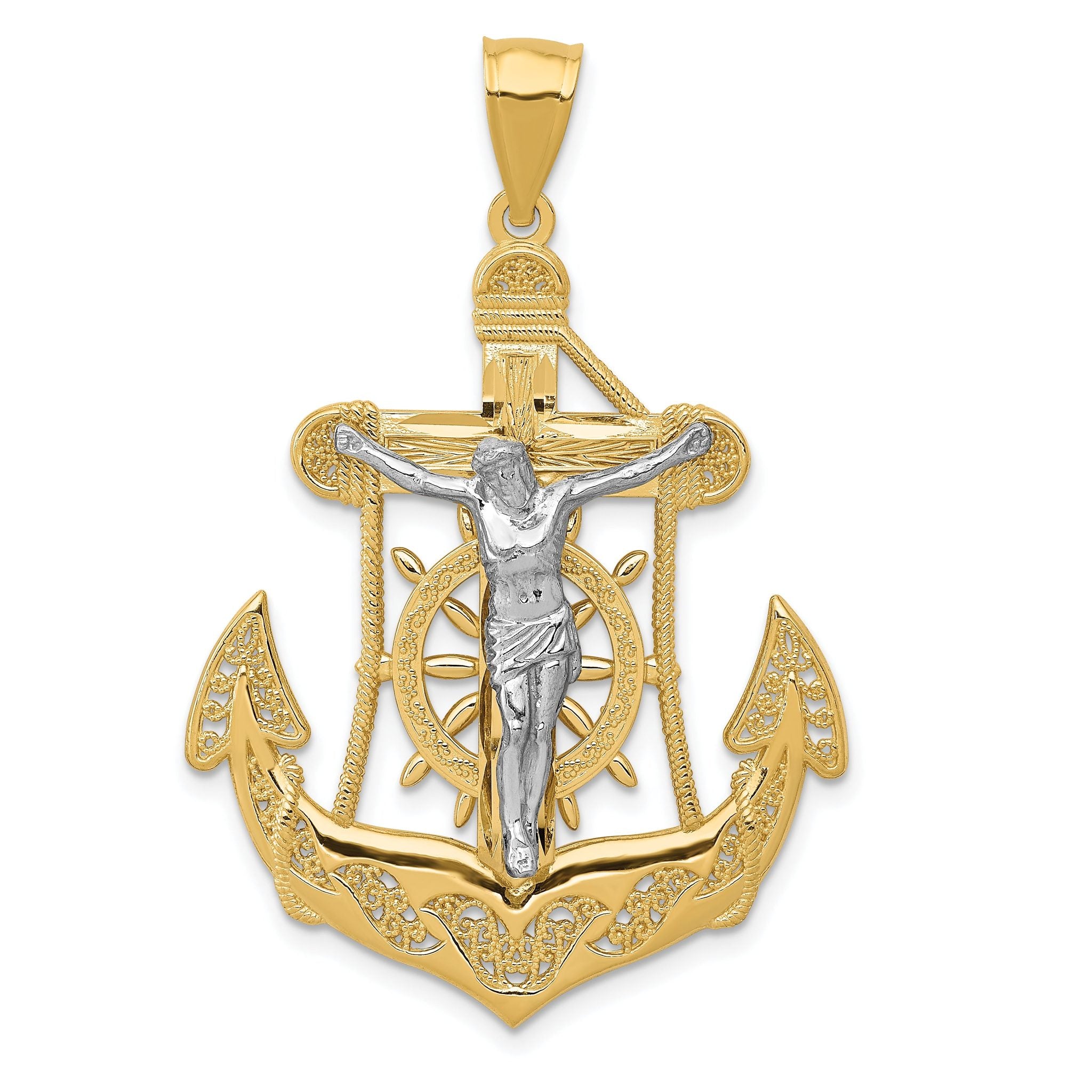 14K Two-Tone Gold Mariner's Cross Pendant with Solid Cast Design, 44mm