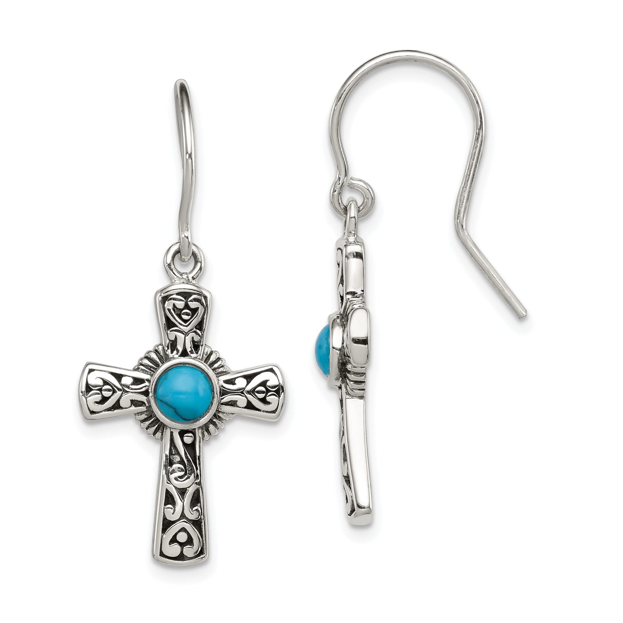 Sterling Silver 925 Turquoise Cross Drop Earrings with Antiqued Finish Main image