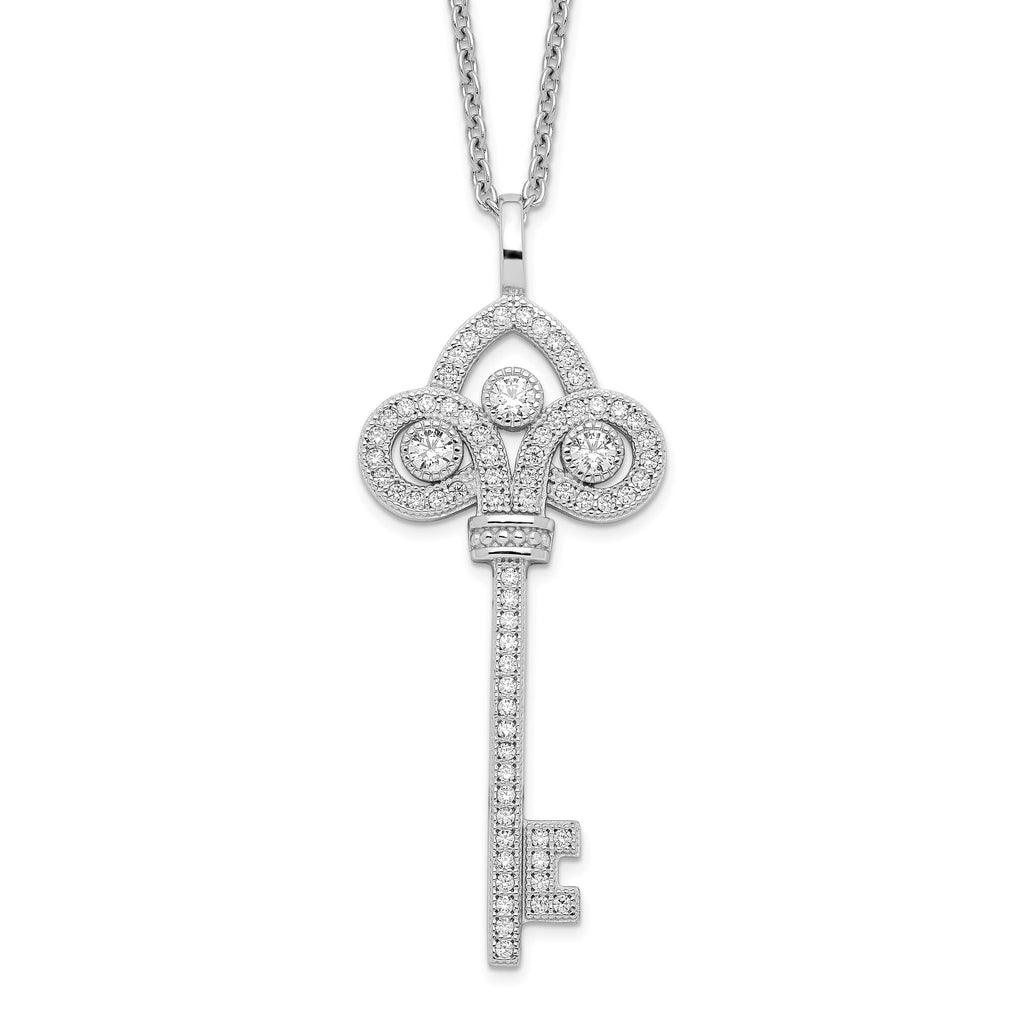 Brilliant Embers Sterling Silver Rhodium-plated 69 Stone 18 inch Micro PavÃƒÆ’Ã†â€™Ãƒâ€šÃ‚Â¢ÃƒÆ’Ã‚Â¢Ãƒâ€šÃ¢â‚¬Å¡Ãƒâ€šÃ‚Â¬ÃƒÆ’Ã¢â‚¬Â¦Ãƒâ€šÃ‚Â¡ CZ Polished Key Necklace with 2 Inch Extender