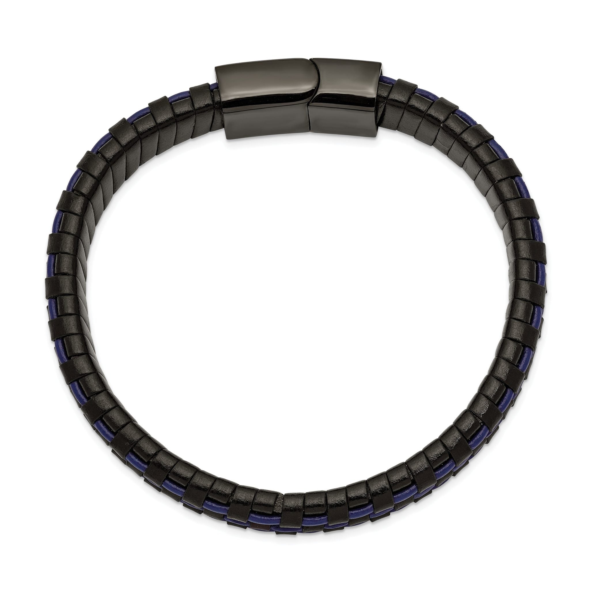 Stainless Steel Polished Black IP-plated and Black and Blue Leather Bracelet for Men Secondary image