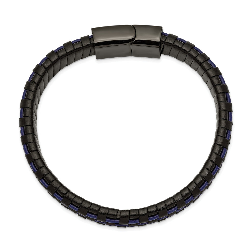 Stainless Steel Polished Black IP-plated and Black and Blue Leather Bracelet for Men
