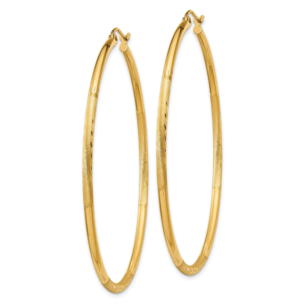 14k Satin and Diamond-cut 2mm Round Tube Hoop Earrings