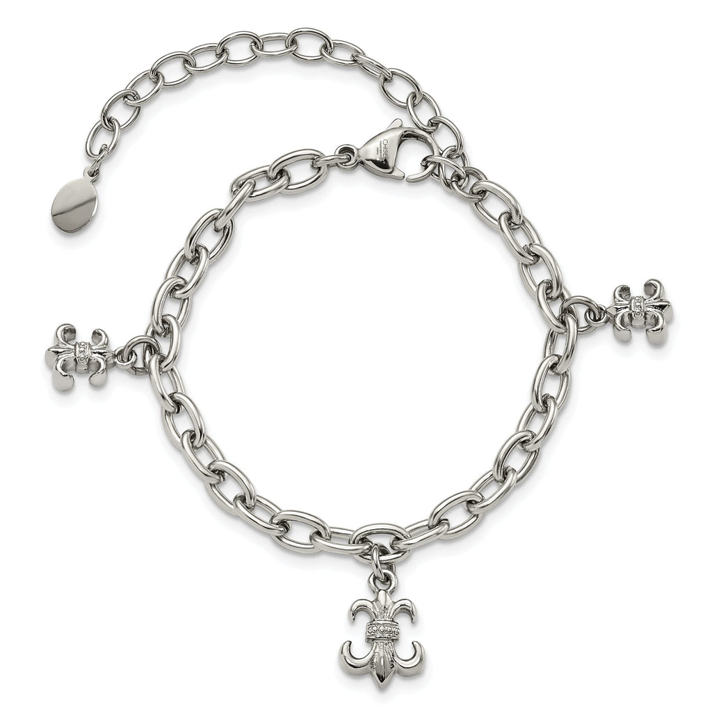 Stainless Steel Polished Fleur de Lis with ext. Bracelet for Women