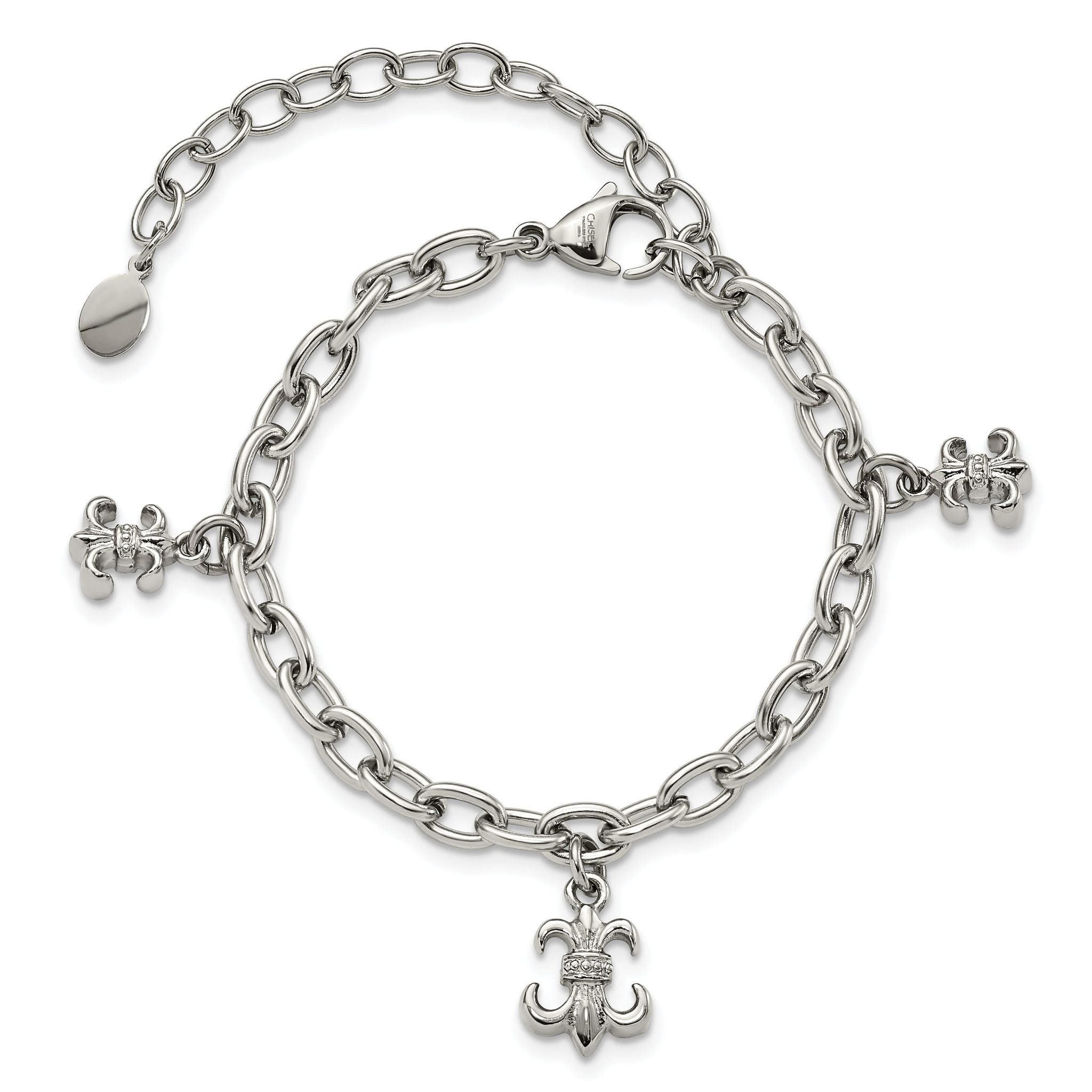 Stainless Steel Polished Fleur de Lis with ext. Bracelet for Women