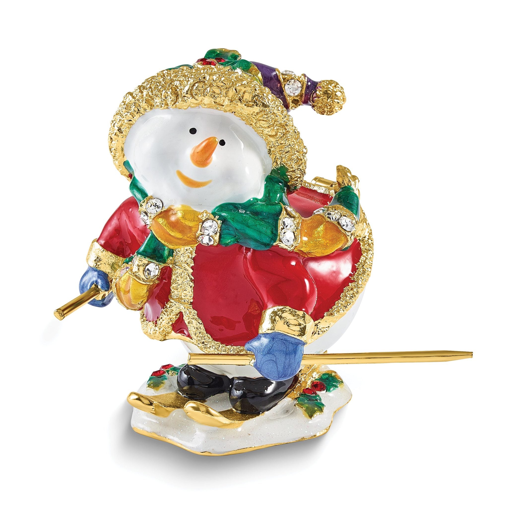 Snowman Skiing Trinket Box in Enameled Pewter with Necklace