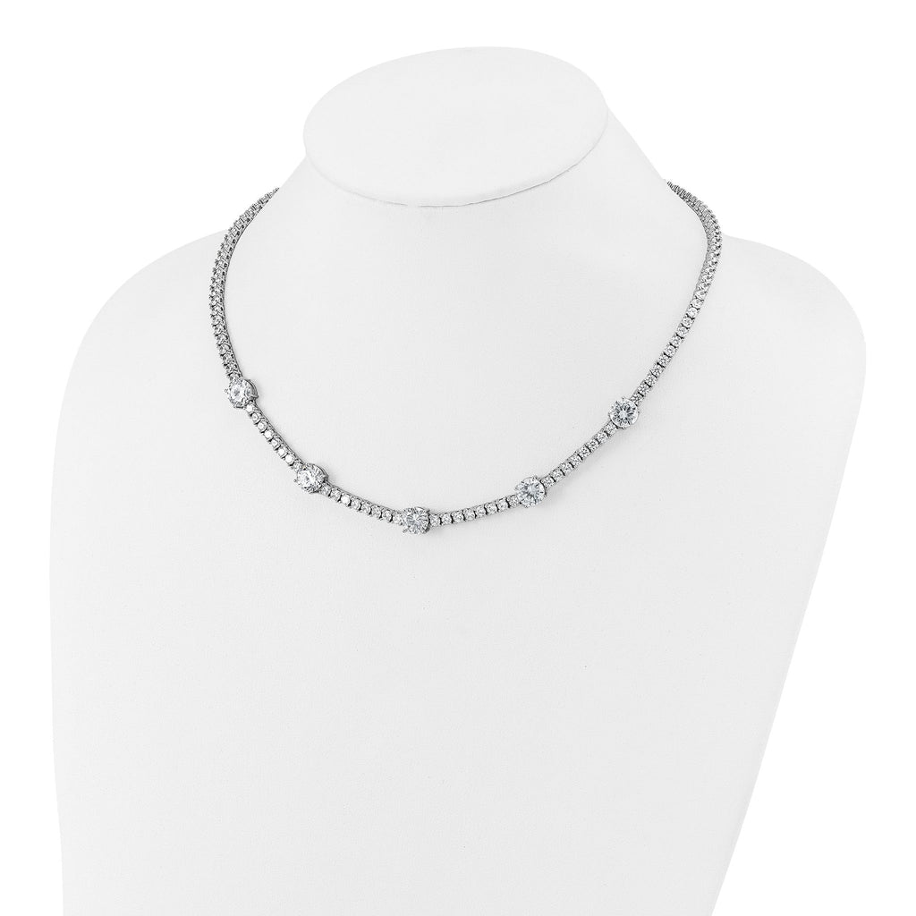 Cheryl M Sterling Silver Rhodium-plated Polished CZ Station with Safety Clasp Necklace