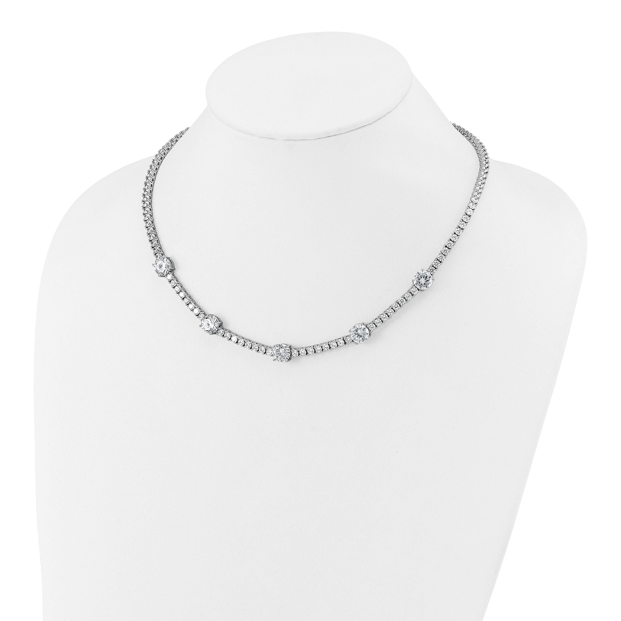 Cheryl M Sterling Silver Rhodium-plated Polished CZ Station with Safety Clasp Necklace