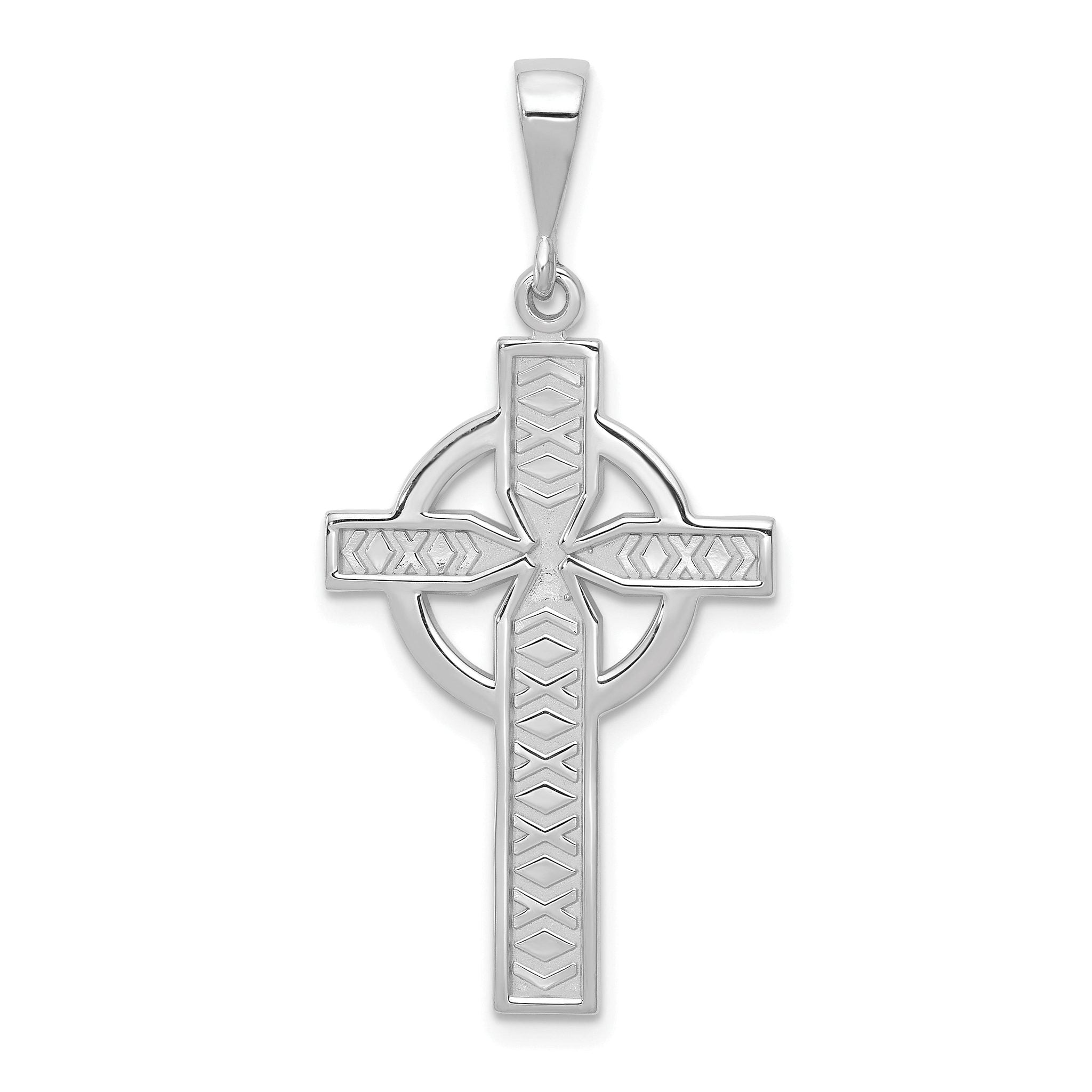 14K White Gold Celtic Cross Pendant with Polished Rhodium Finish
