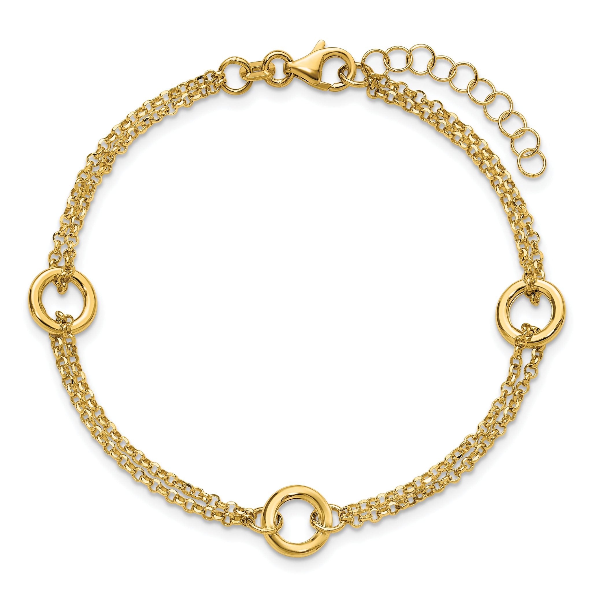 14K Polished/Dia-cut 2-Strand Circle Link w/1in ext. Bracelet