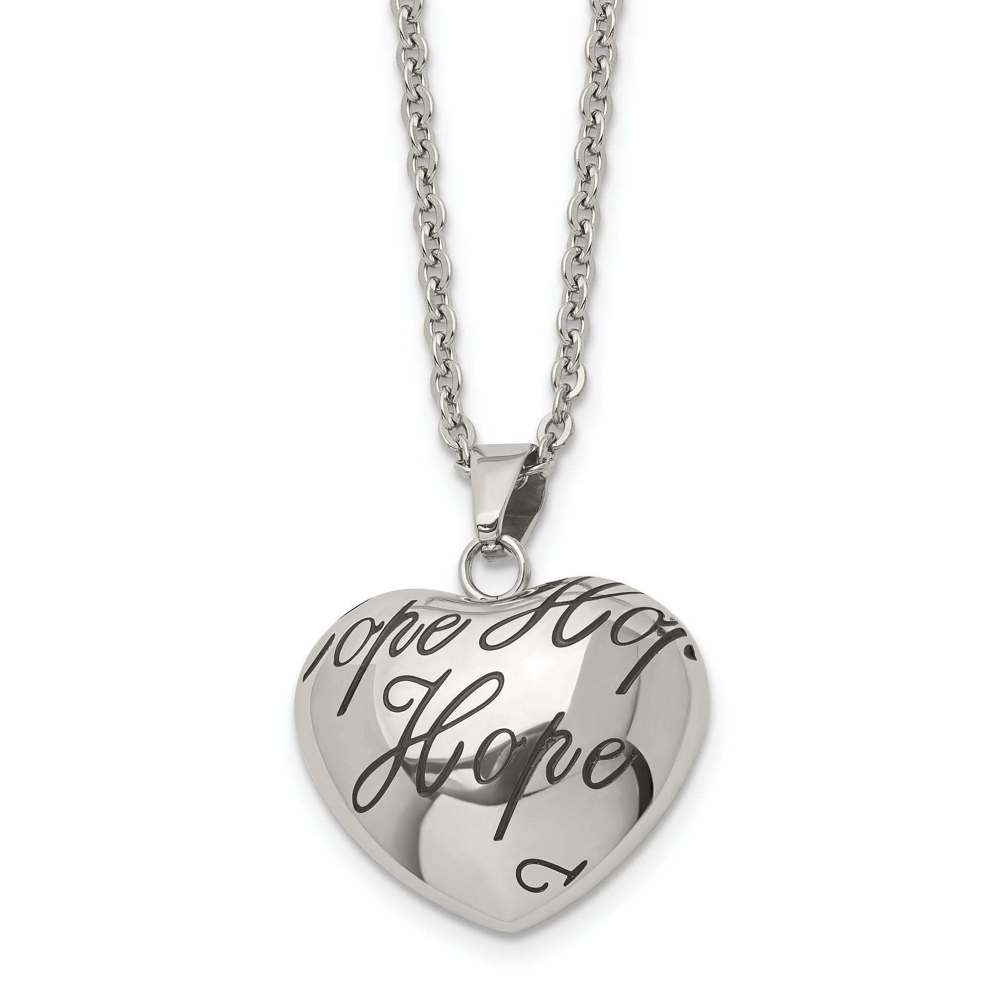 Enameled HOPE Hollow Heart Pendant Necklace in Stainless Steel