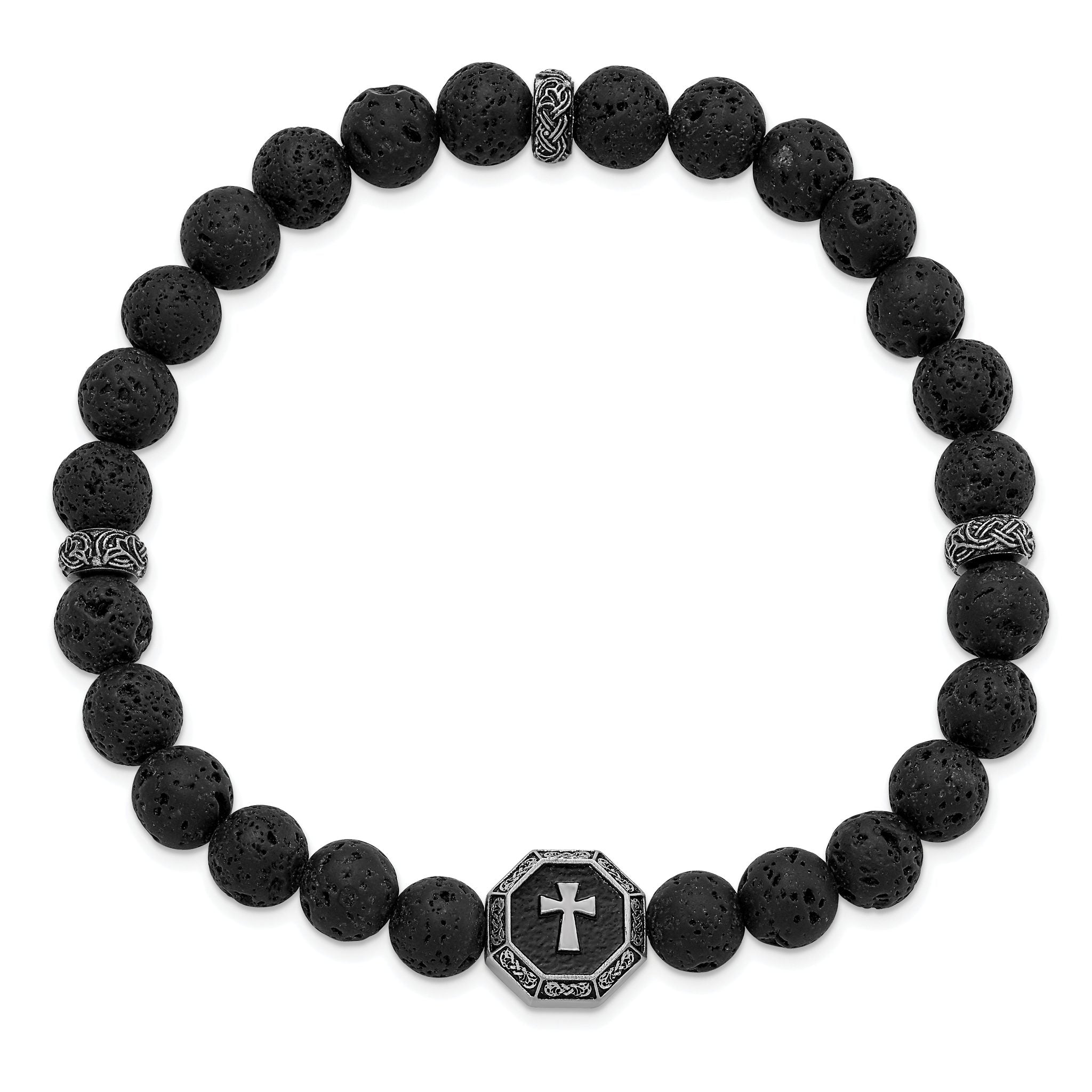 Stainless Steel Antiqued and BrushedCross 8.5mm Lava Stone Beaded Stretch Bracelet Secondary image
