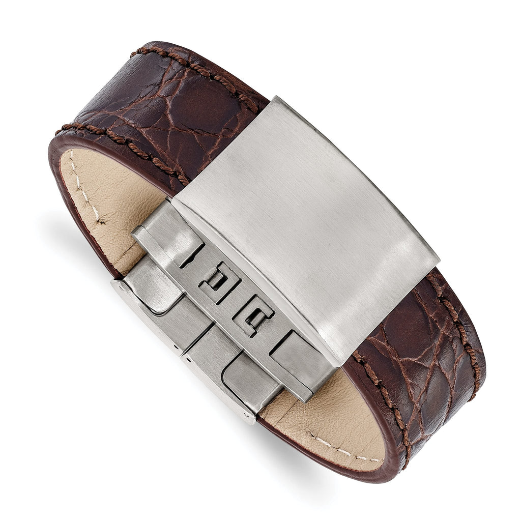 Stainless Steel Brushed Dark Brown Leather ID Bracelet for Men