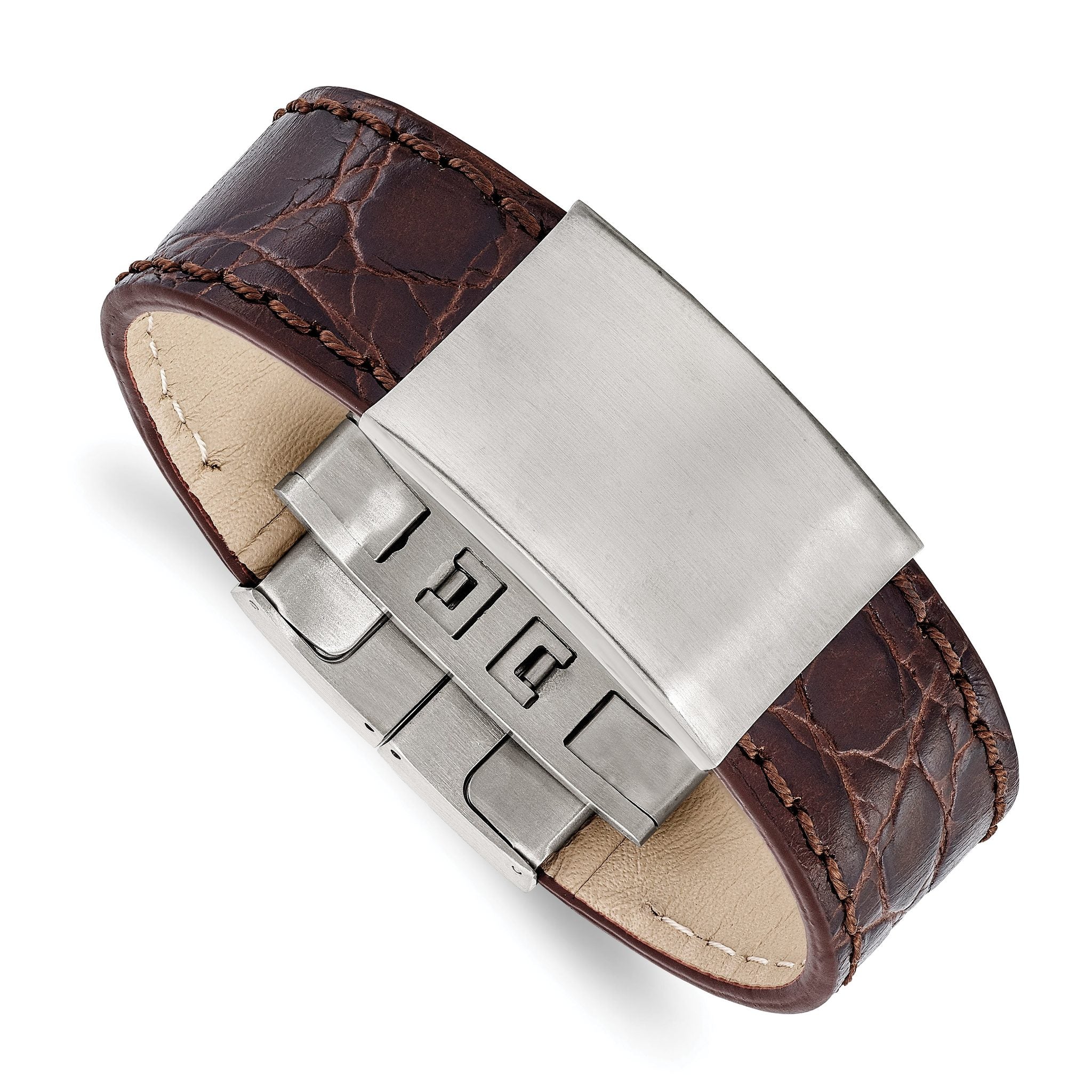 Stainless Steel Brushed Dark Brown Leather ID Bracelet for Men