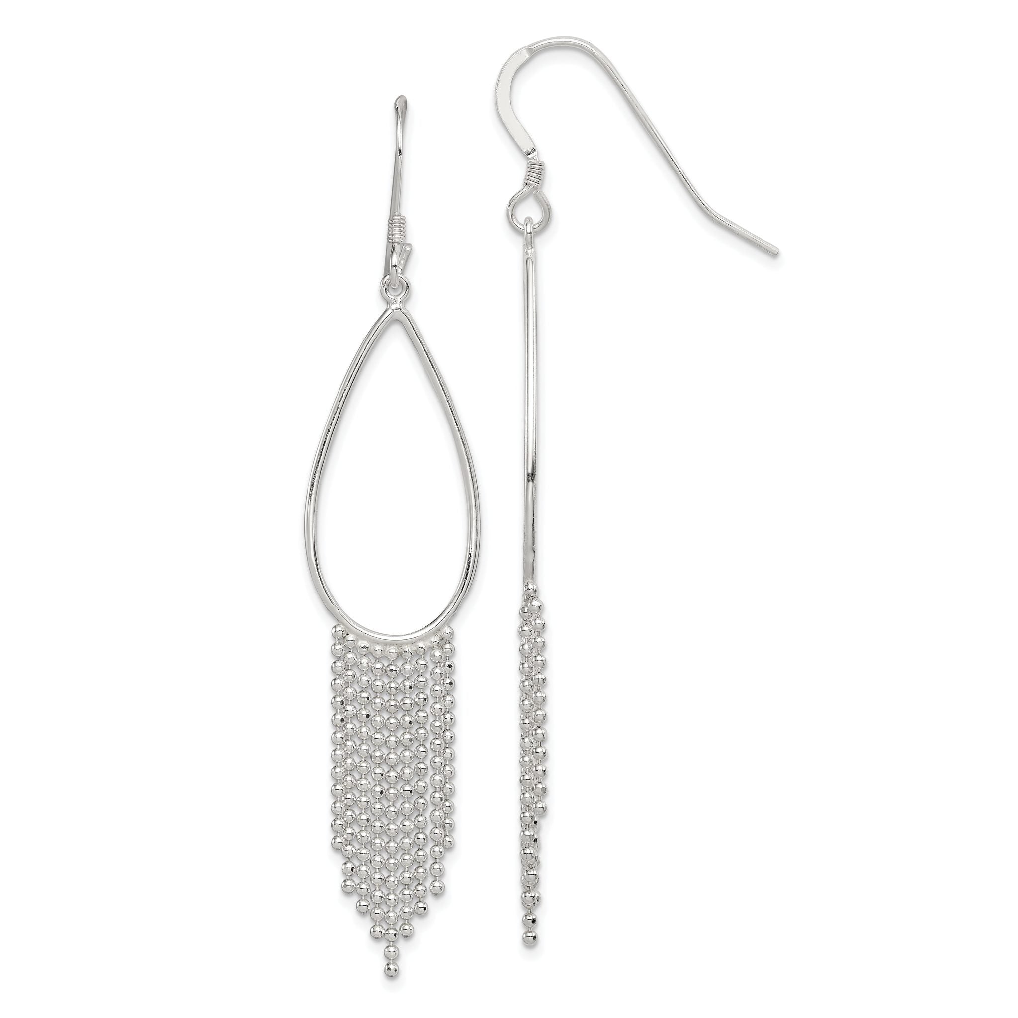 Sterling Silver Polished Teardrop & Beaded Chain Dangle Earrings Main image
