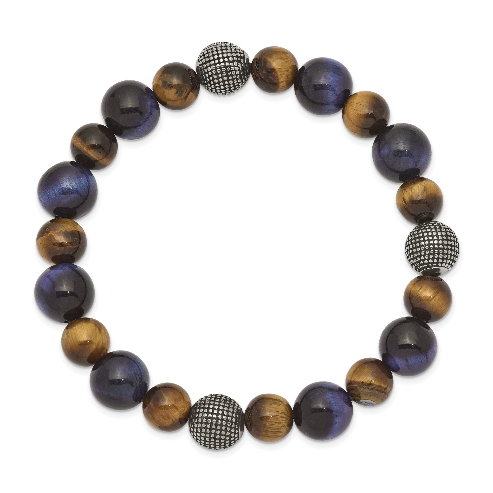 Stainless Steel Antiqued and Polished 8-10mm Brown and Blue Tiger's Eye Beaded Stretch Bracelet for Men
