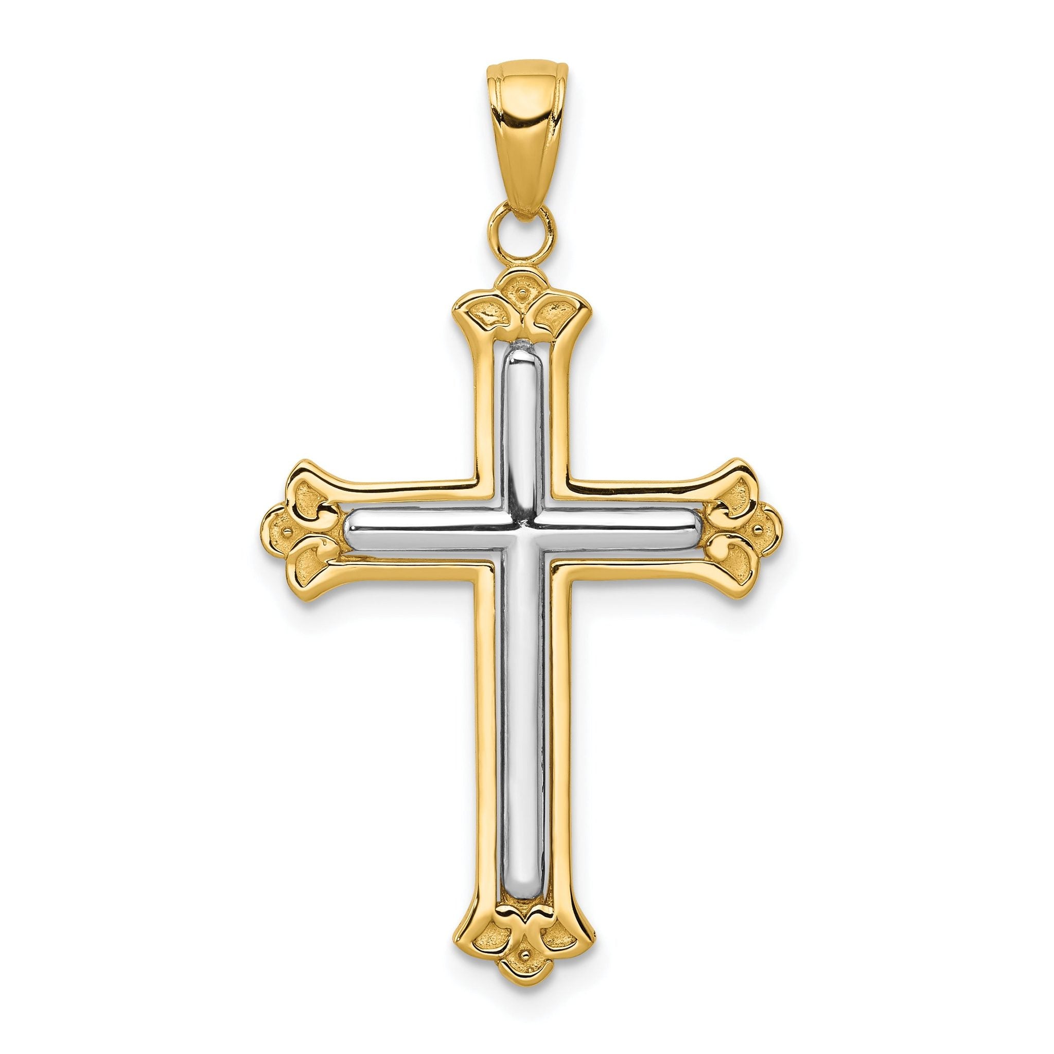 14K Gold Rhodium-Plated Budded Cross Pendant, Elegant Solid Design by Sophia Jewelers Main image