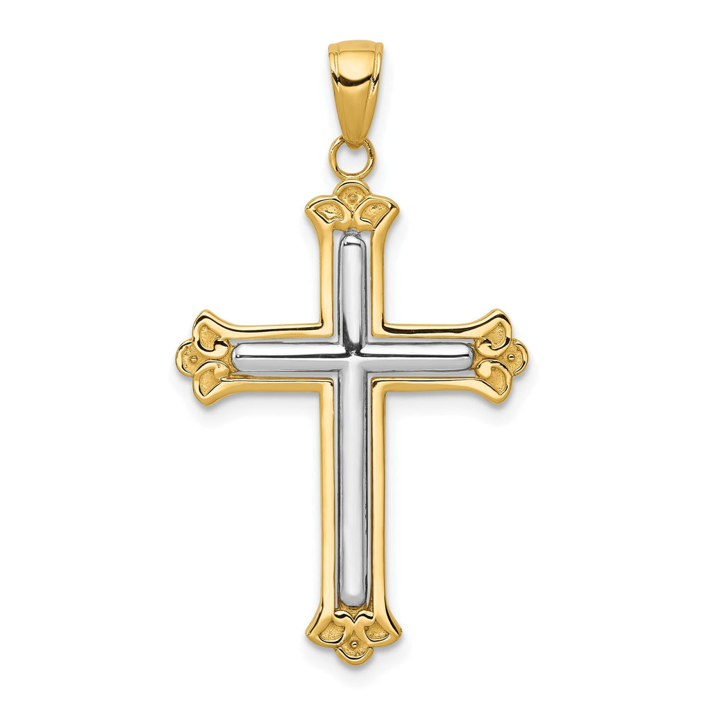 14K Gold Rhodium-Plated Budded Cross Pendant, Elegant Solid Design by Sophia Jewelers