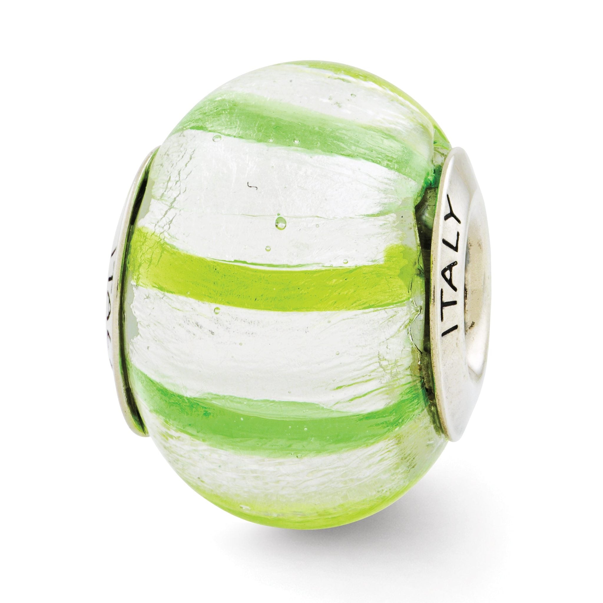 Sterling Silver Murano Glass Bead in Light/Dark Green  Elegant 925 Jewelry