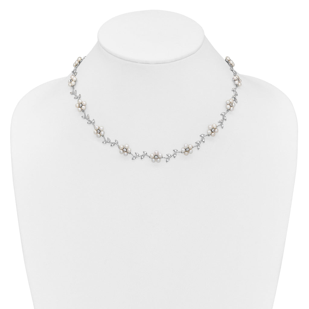 Sterling Silver Rhodium-plated CZ Vine Pattern and Fresheater Cultured Pearl Floral 16 inch Necklace