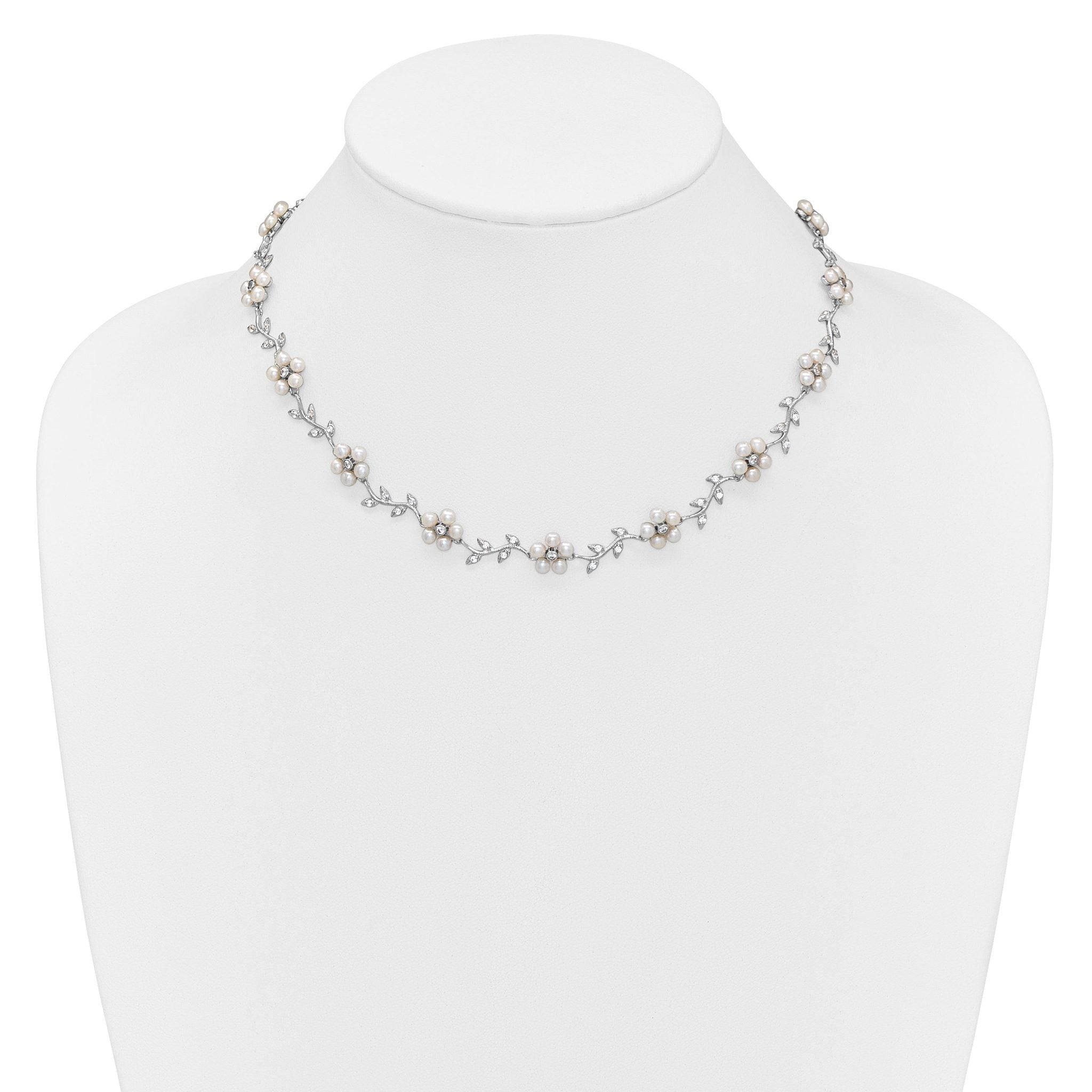 Sterling Silver Rhodium-plated CZ Vine Pattern and Fresheater Cultured Pearl Floral 16 inch Necklace