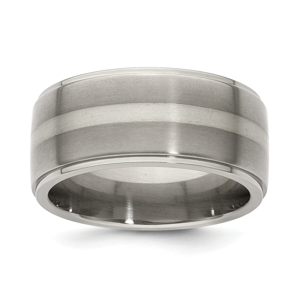 Titanium Silver Inlay Wedding Band with Polished Brushed Finish