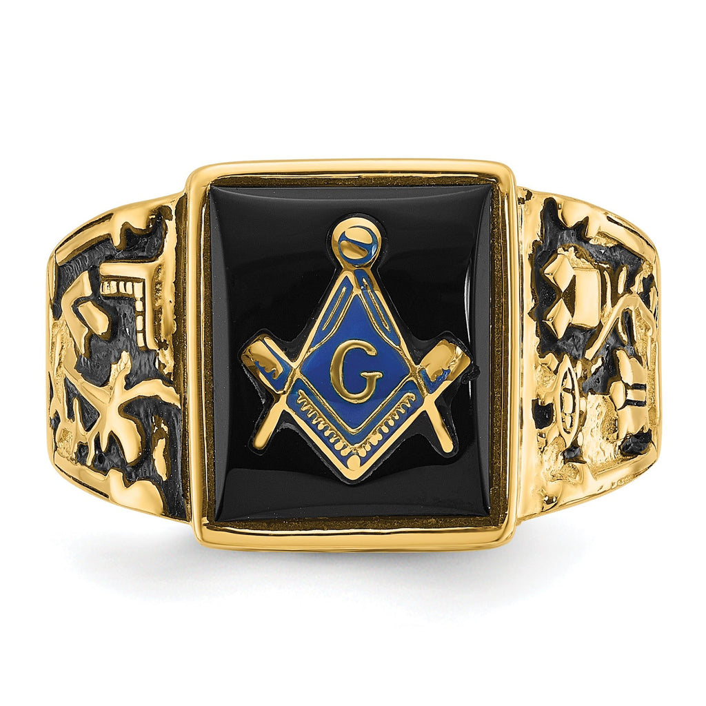 14k Men's Polished and Textured with Black Enamel and Onyx Masonic Ring