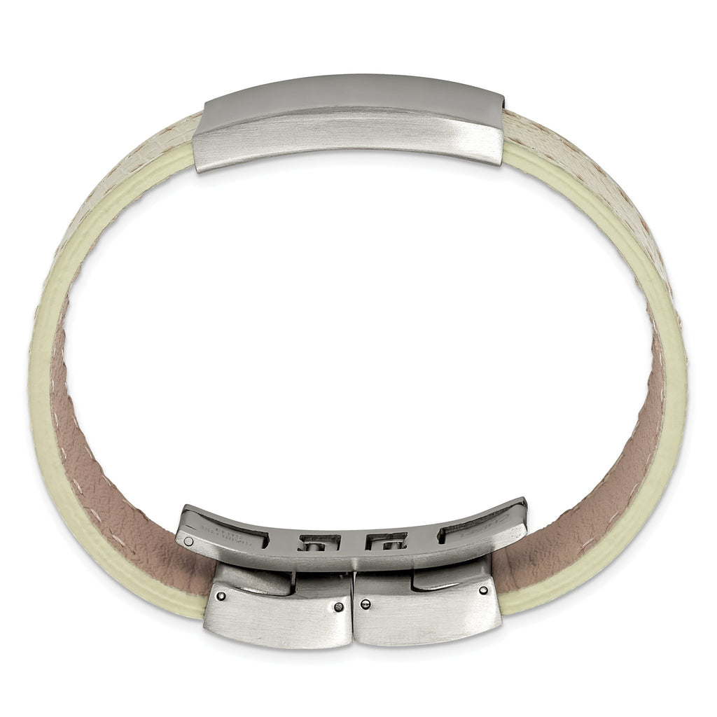 Stainless Steel Brushed White Leather ID Bracelet for Men