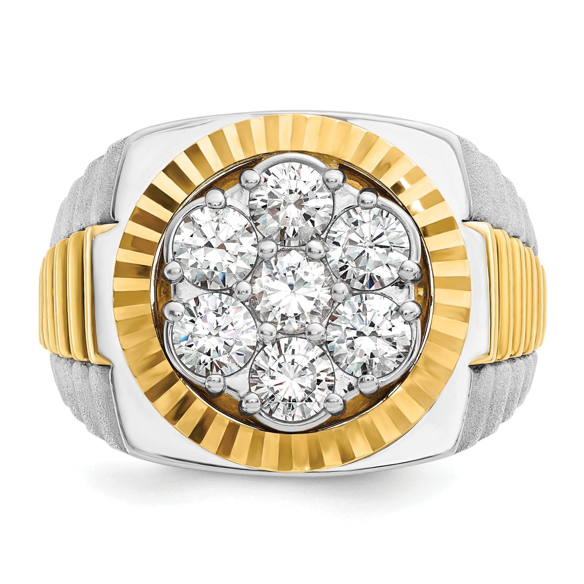 14k Two-tone Men's Polished Satin and Diamond-cut Round Cluster Ring Mounting, Mounting Only