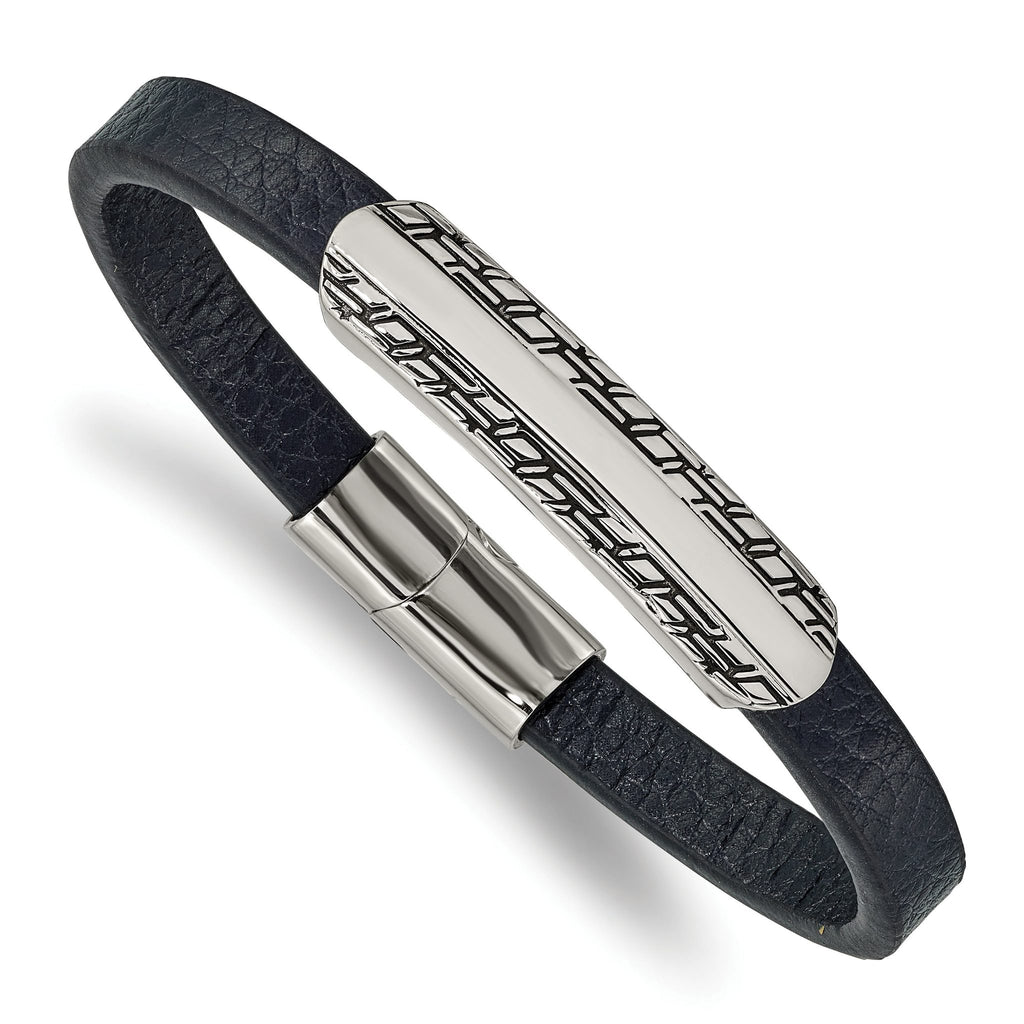 Stainless Steel Antiqued and Polished Navy Blue Leather Bracelet for Men