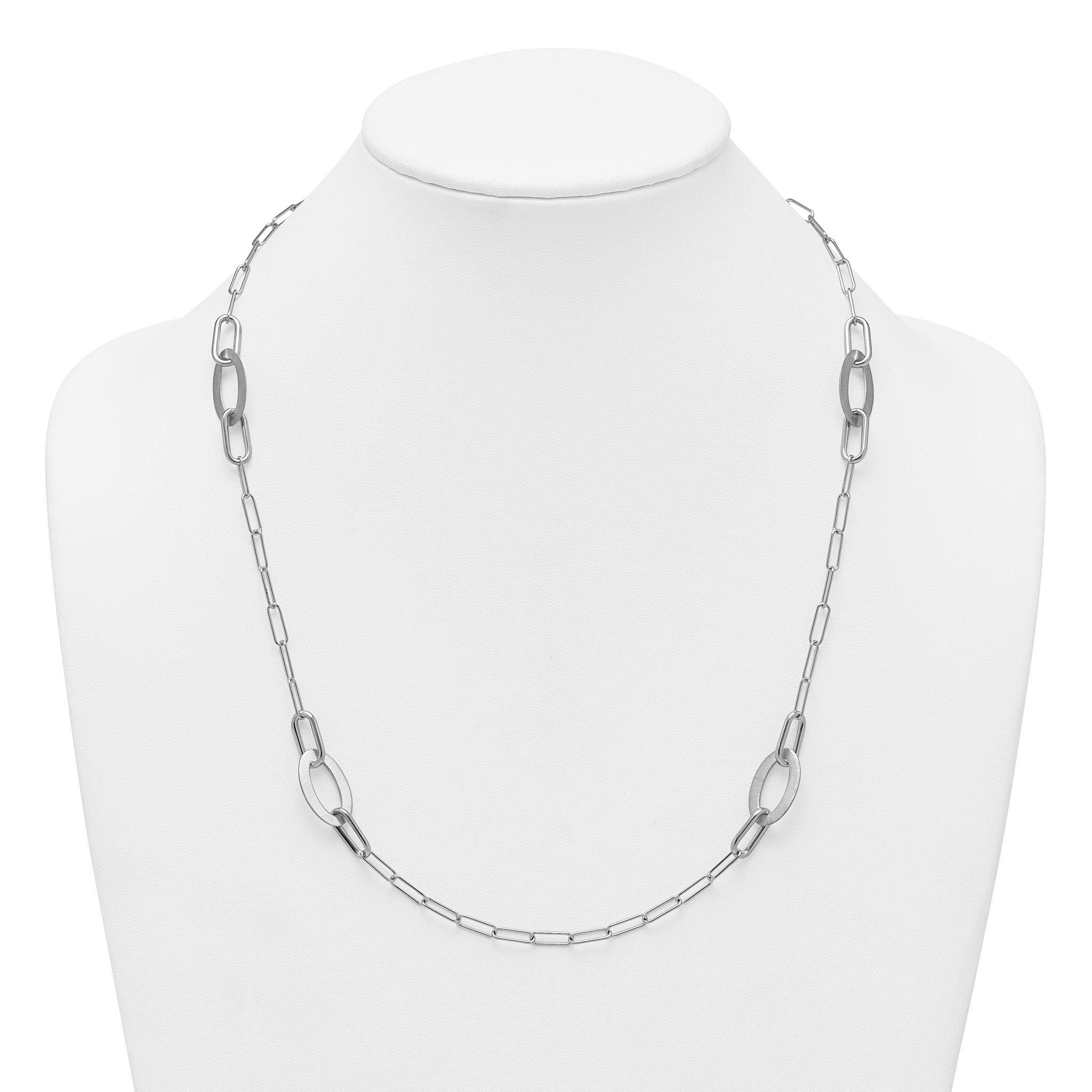 Sterling Silver Rhodium-plated Brushed Fancy Paperclip and Oval Link 24 inch Necklace
