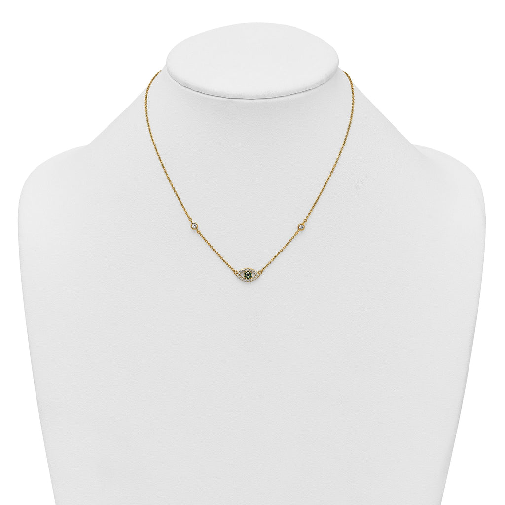 Sterling Silver Gold-tone Polished CZ and Blue and Green Nano Crystal Eye 16 inch with 2 inch Extension Necklace