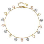 14K Tri-Color Dangle Hearts 9 inch Plus 1 inch Extender - Total 10 inch Anklet