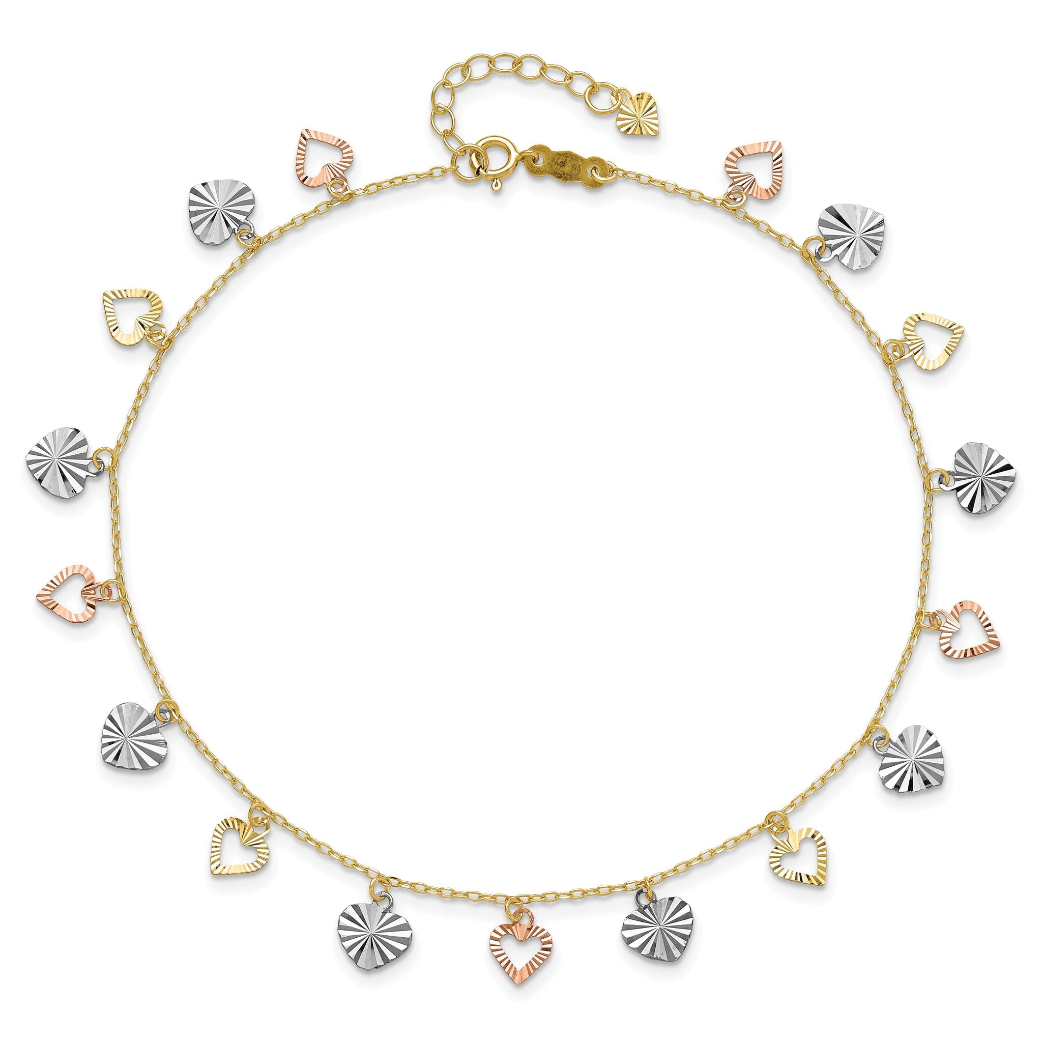 14K Tri-Color Dangle Hearts 9 inch Plus 1 inch Extender - Total 10 inch Anklet