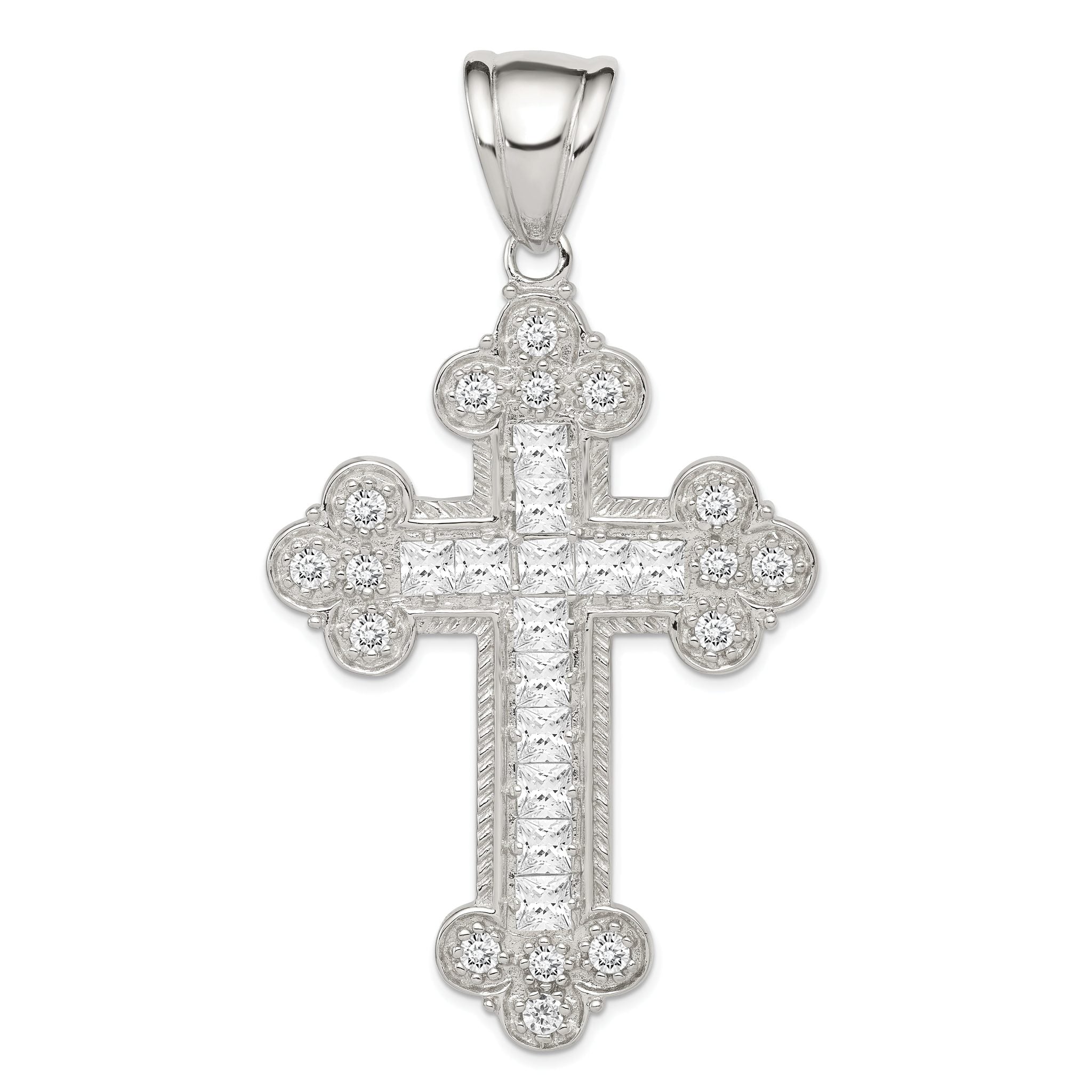 Sterling Silver Rhodium-plated CZ Budded Cross Pendant Main image