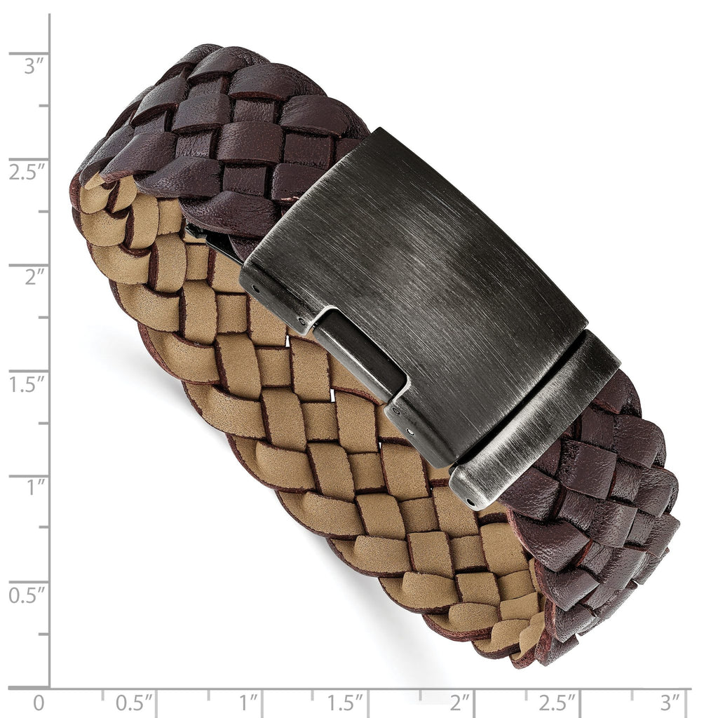 Stainless Steel Antiqued and Brushed Brown Braided Leather Bracelet for Men