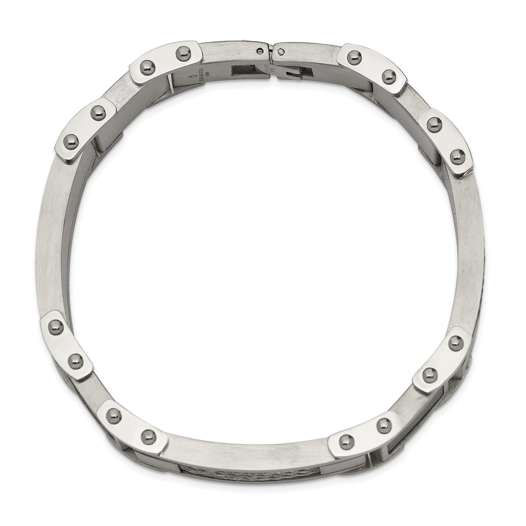 Stainless Steel Polished with Cable and Black Carbon Fiber Inlay Link Bracelet for Men