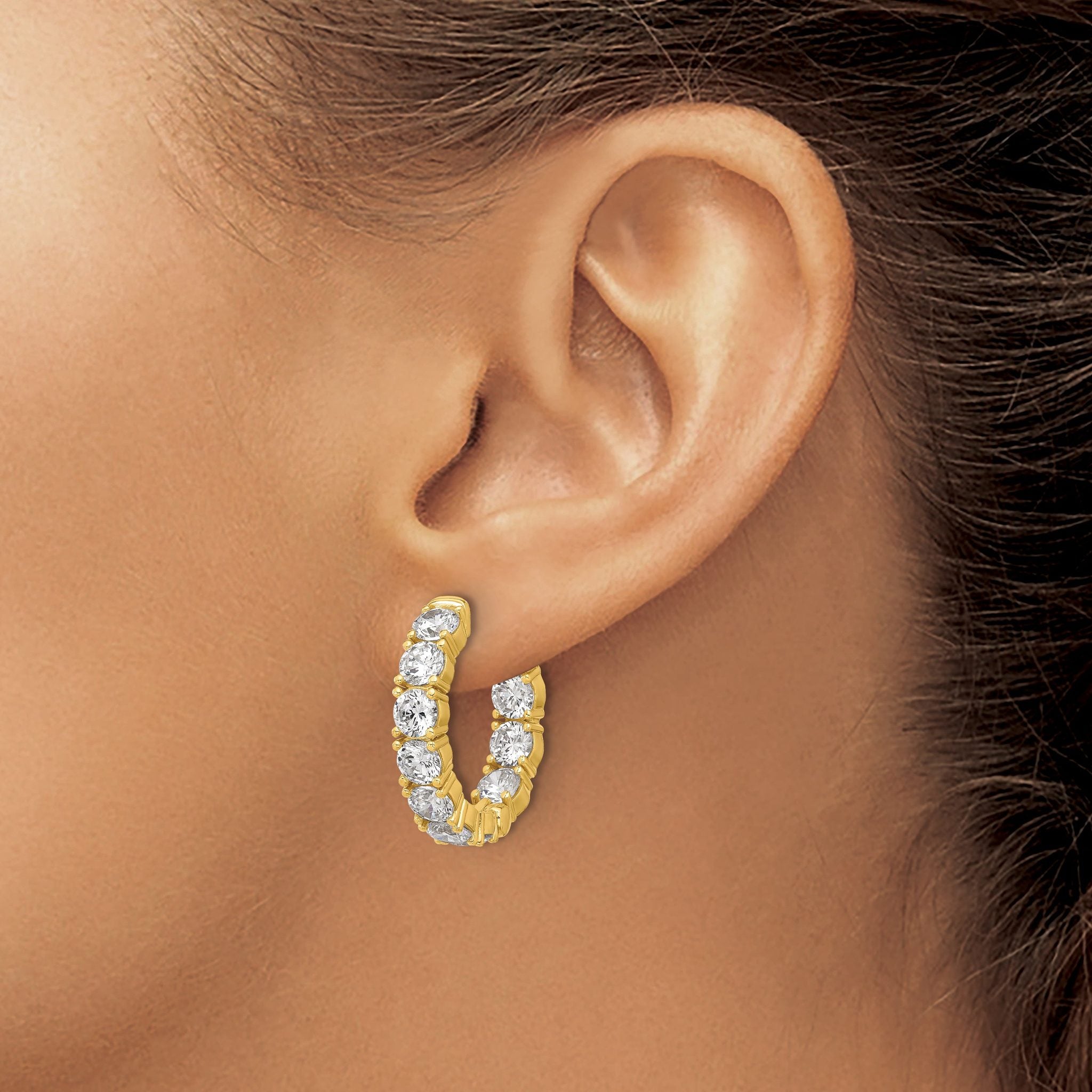Sterling Shimmer Sterling Silver Gold-tone Flash Gold-plated 4.25mm CZ 20 Stone In and Out Hinged Hoop Earrings