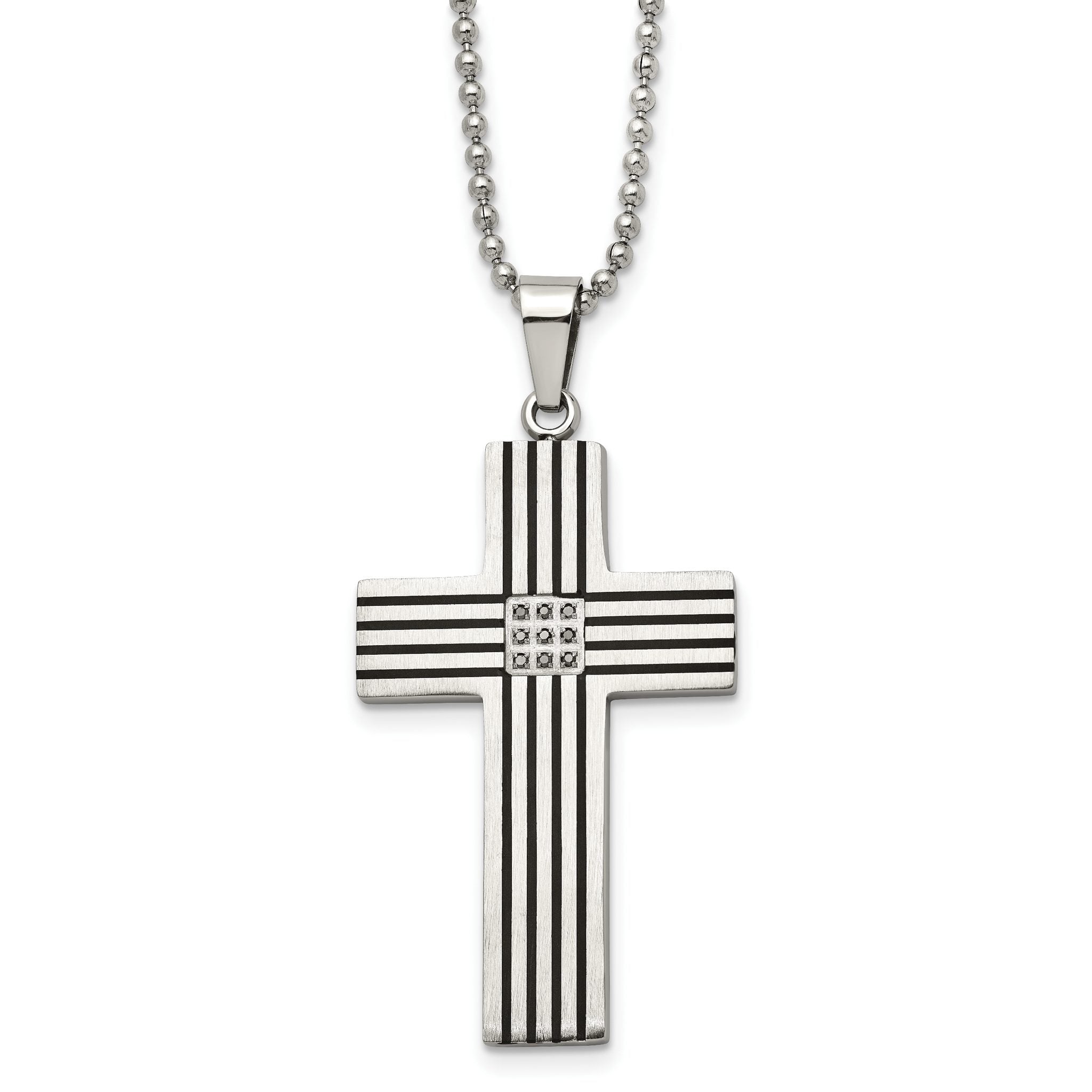 Chisel Stainless Steel Polished Black IP-plated 1/20 carat Black Diamond Striped Cross Pendant on a 22 inch Ball Chain Necklace Main image