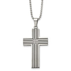Chisel Stainless Steel Polished Black IP-plated 1/20 carat Black Diamond Striped Cross Pendant on a 22 inch Ball Chain Necklace