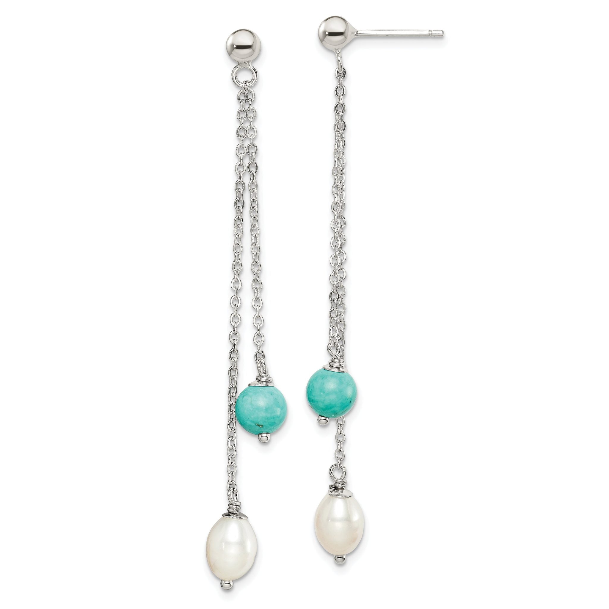 Sterling Silver Rhod-pltd Turquoise/FWC Pearl Chain Post Dangle Earrings Main image