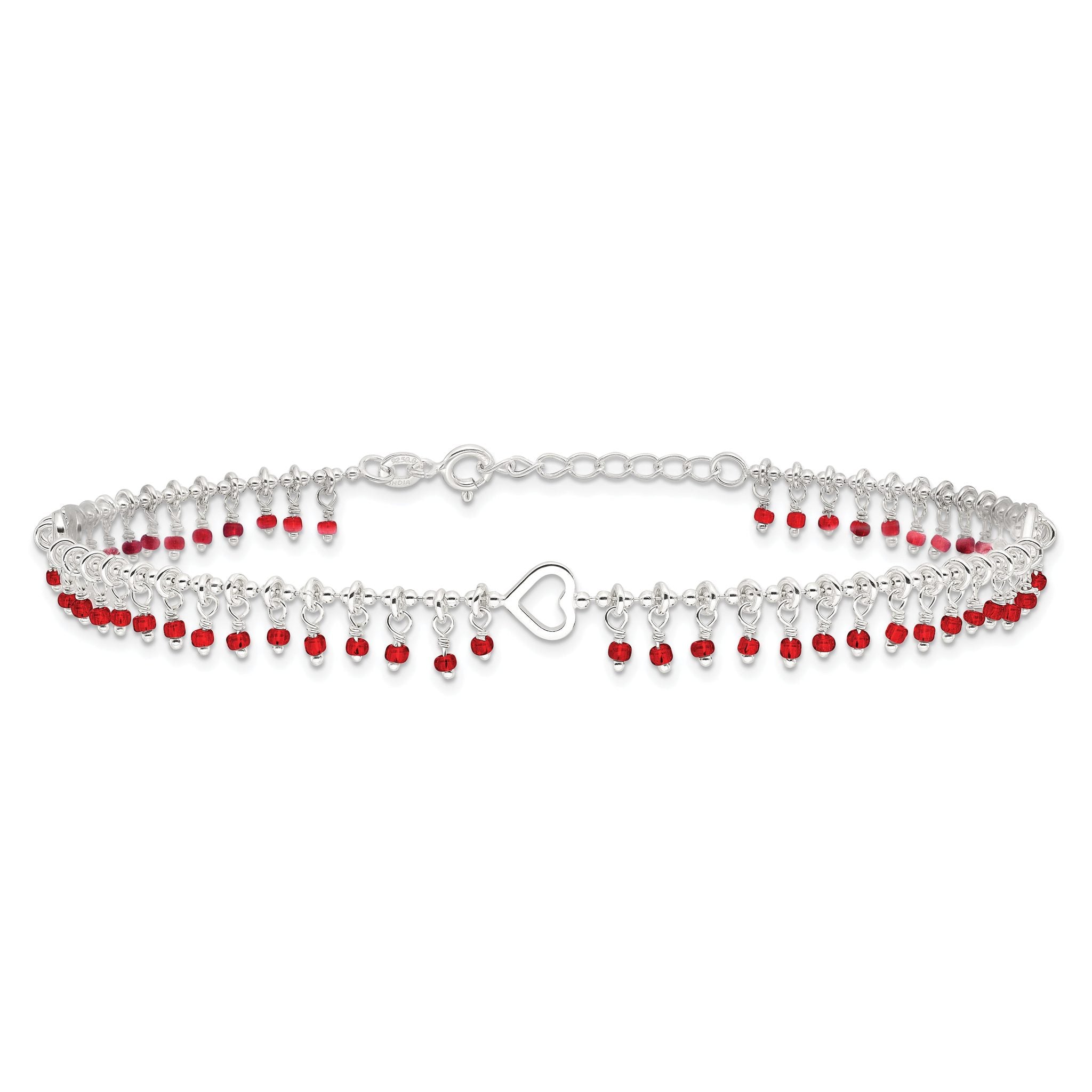 Sterling Silver Red Beads and Heart 10 inch Plus 1 inch Extender - Total 11 inch Anklet