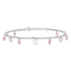 Sterling Silver Pink Glass Beads and Hearts 9 inch Plus 1 inch Extender - Total 10 inch Anklet