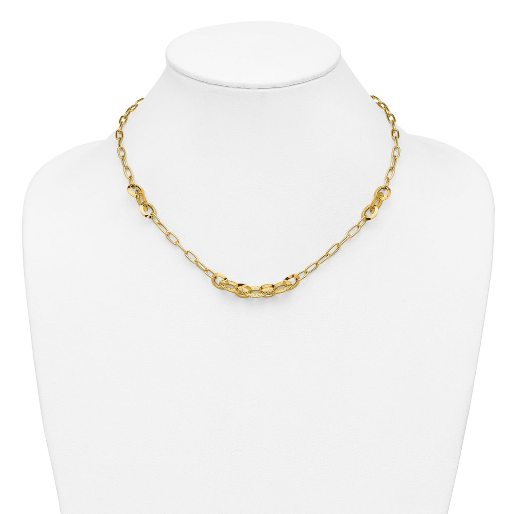 14K Polished and Diamond-cut Fancy Oval Link Necklace