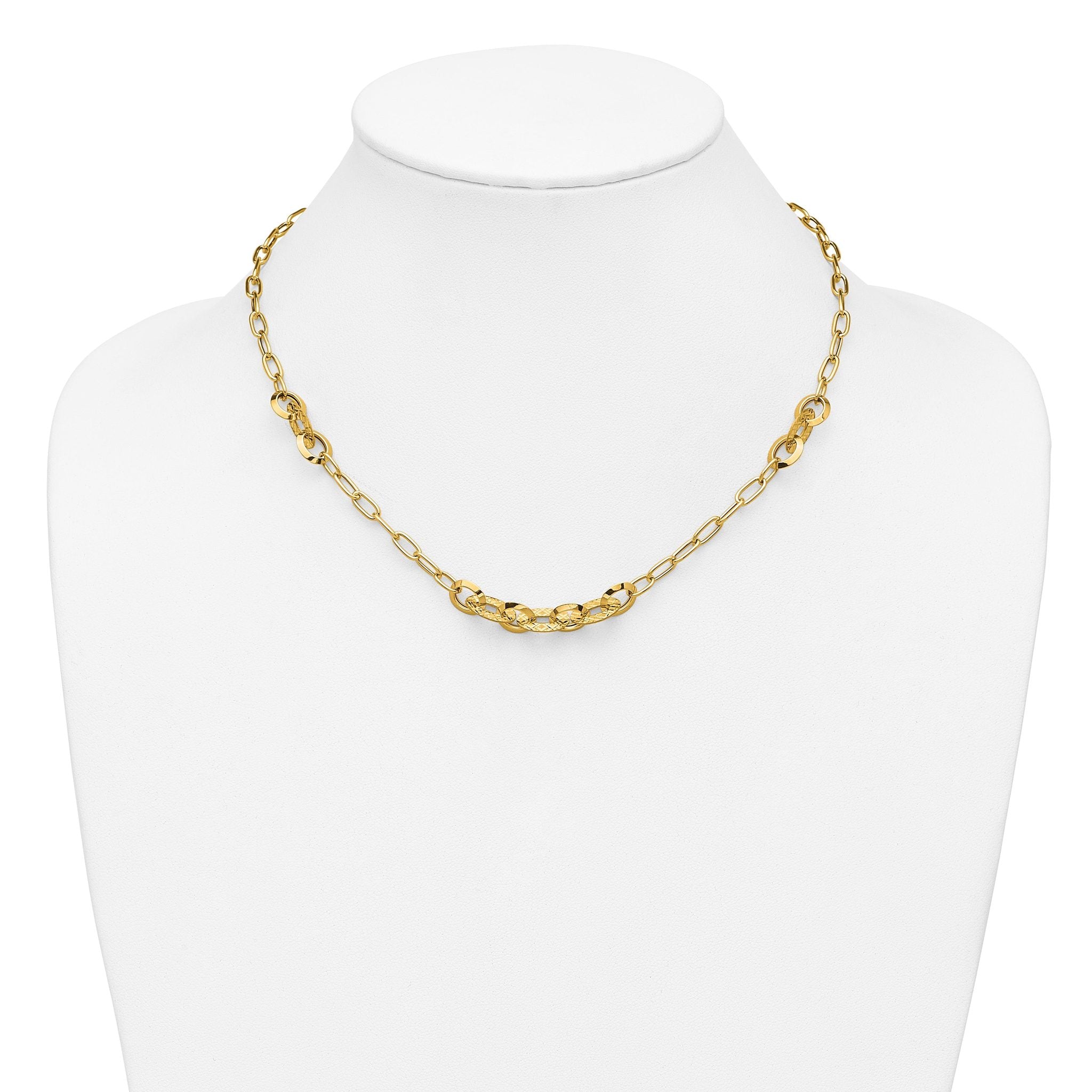 14K Polished and Diamond-cut Fancy Oval Link Necklace