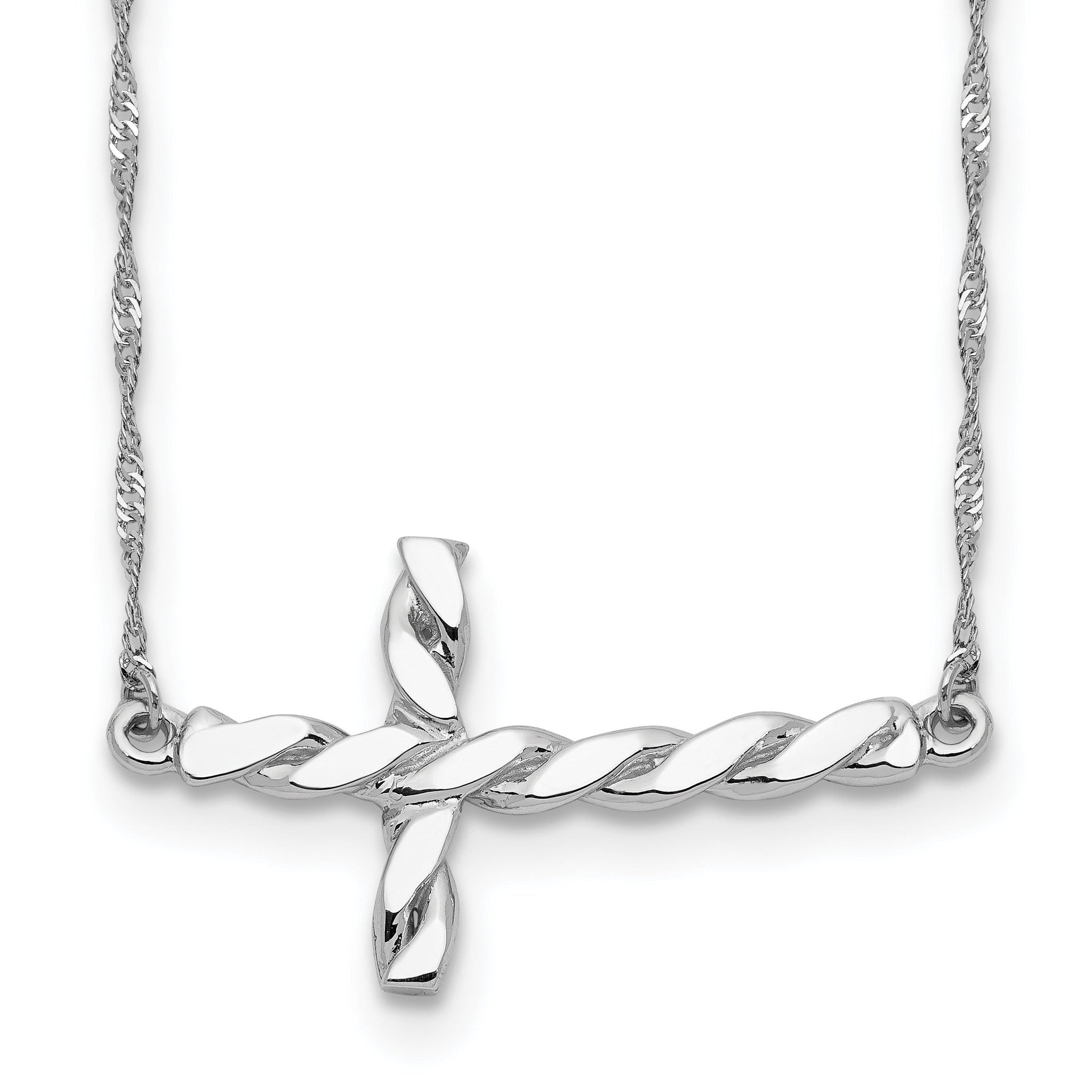 14K White Gold Polished Twisted Sideways Cross Necklace by Sophia Jewelers